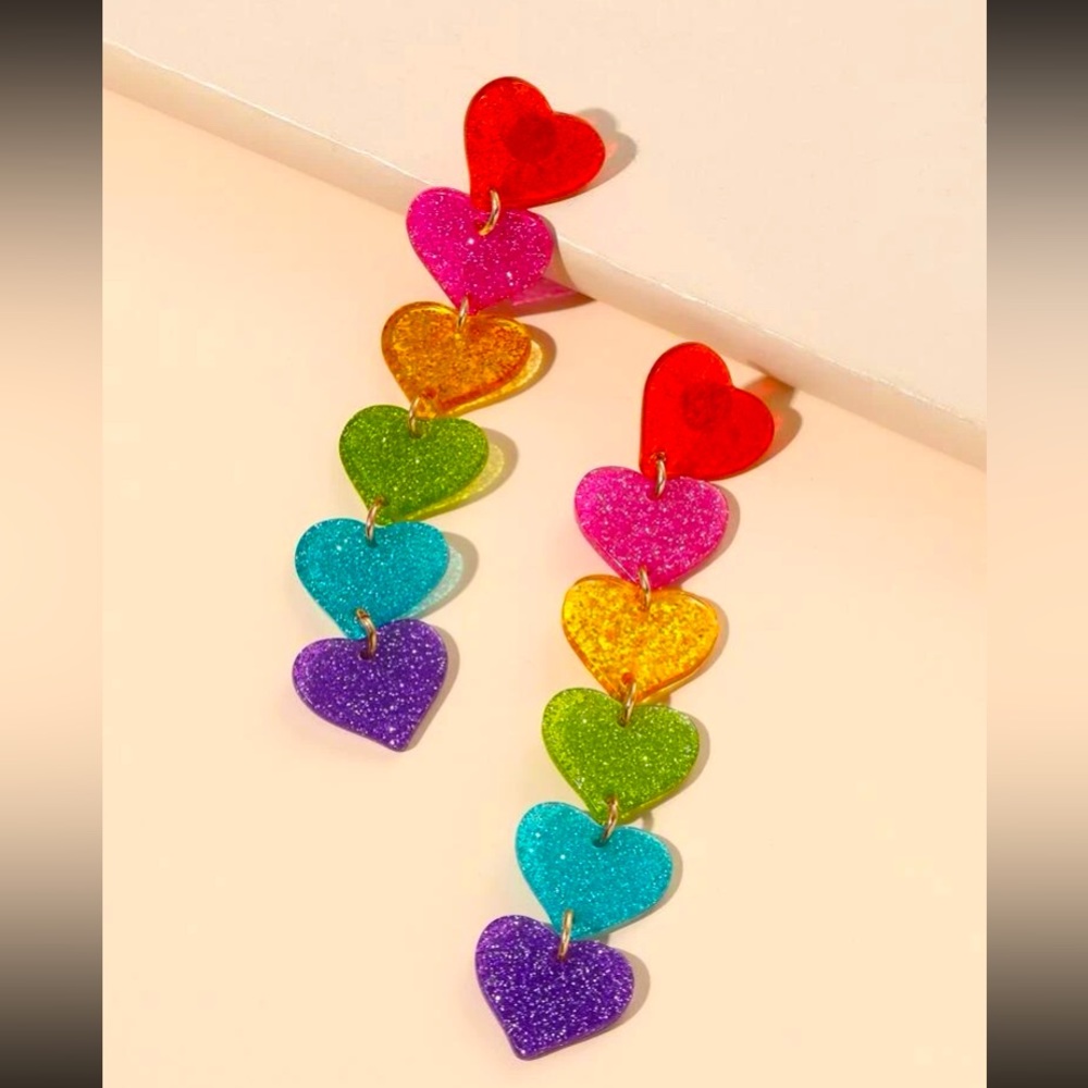 Vibrant❤️🌈Valentine Fun Rainbow Heart Linear Lightweight Statement Earrings - Picture 2 of 7